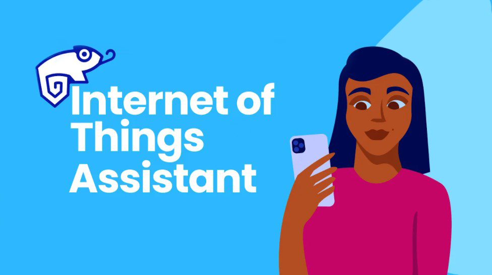 A animated woman looking at a mobile phone in her hand. A text overlay, featuring the IoT Assistant logo of a stylized chameleon, reads Internet of Things Assistant.