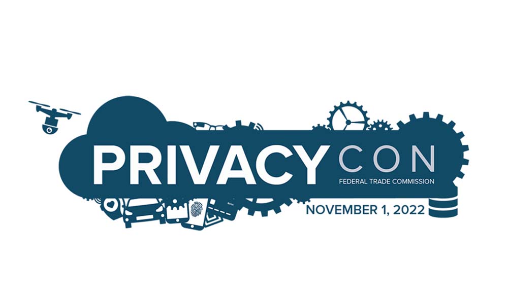 Logo for the PrivacyCon featureing gears smart devices and more meshed together to form the blue background of the text