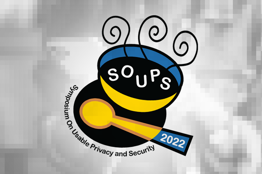 The SOUPS conference logo of a stylized bowl and spoon overlaid on top of a pixelated image