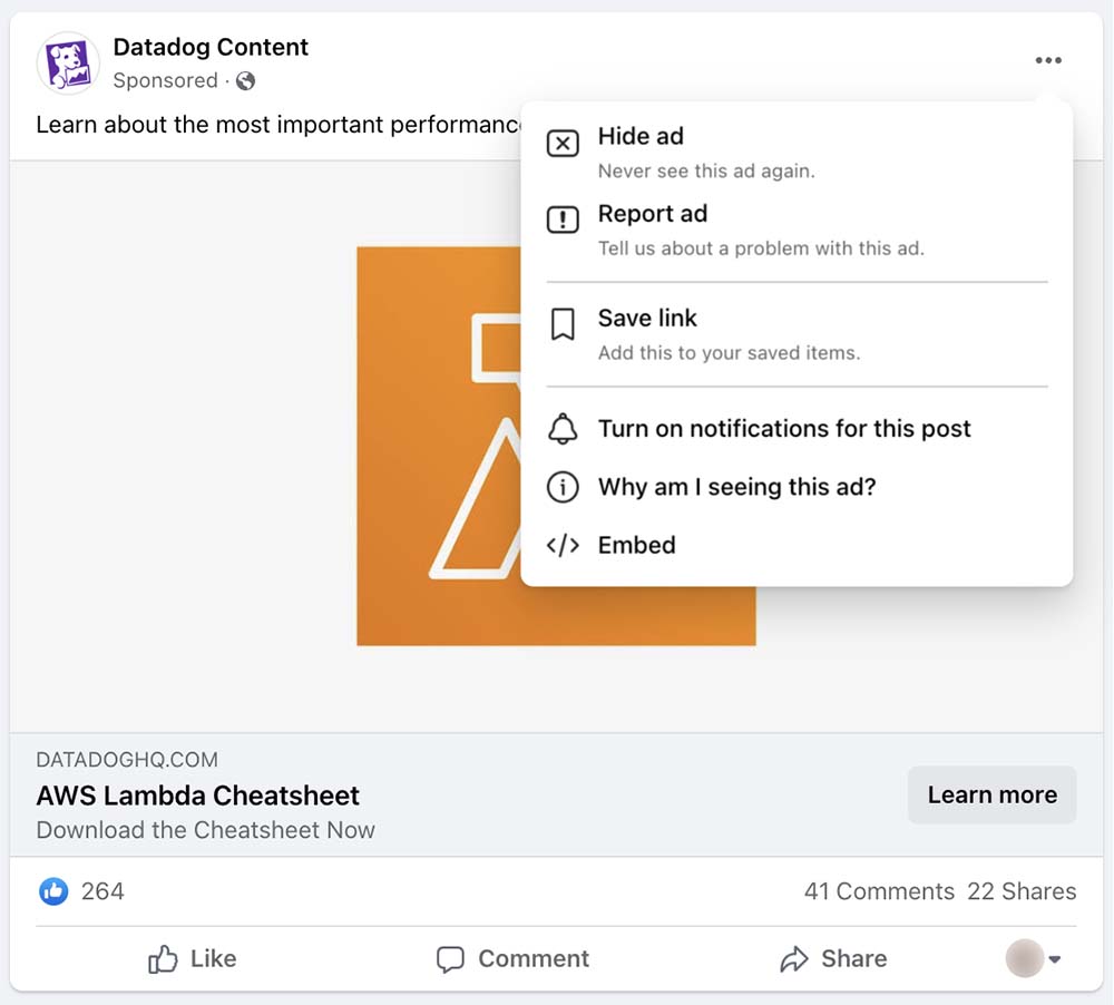 Control condition: Facebook’s current ad contextual menu is accessed by clicking on three dots at the top right corner of an ad. Users can click “Why am I seeing this ad?” for more information and controls.